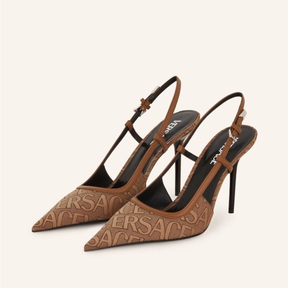 Versace Allover Logo Canvas Slingback Pumps In Brown Size 41 - Picture 13 of 13